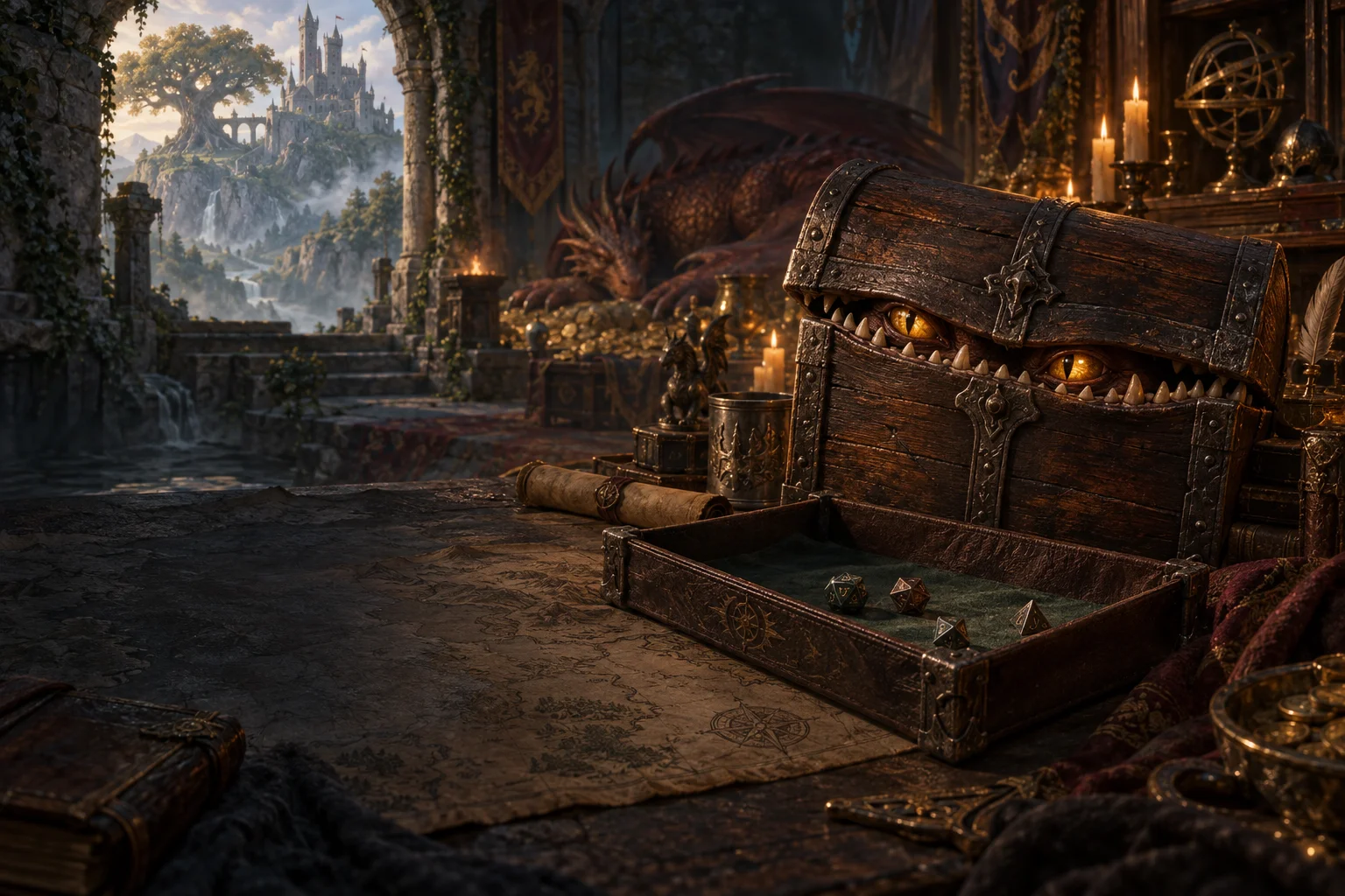Fantasy dice scene with a mimic, a dragon hoard and a stone keep