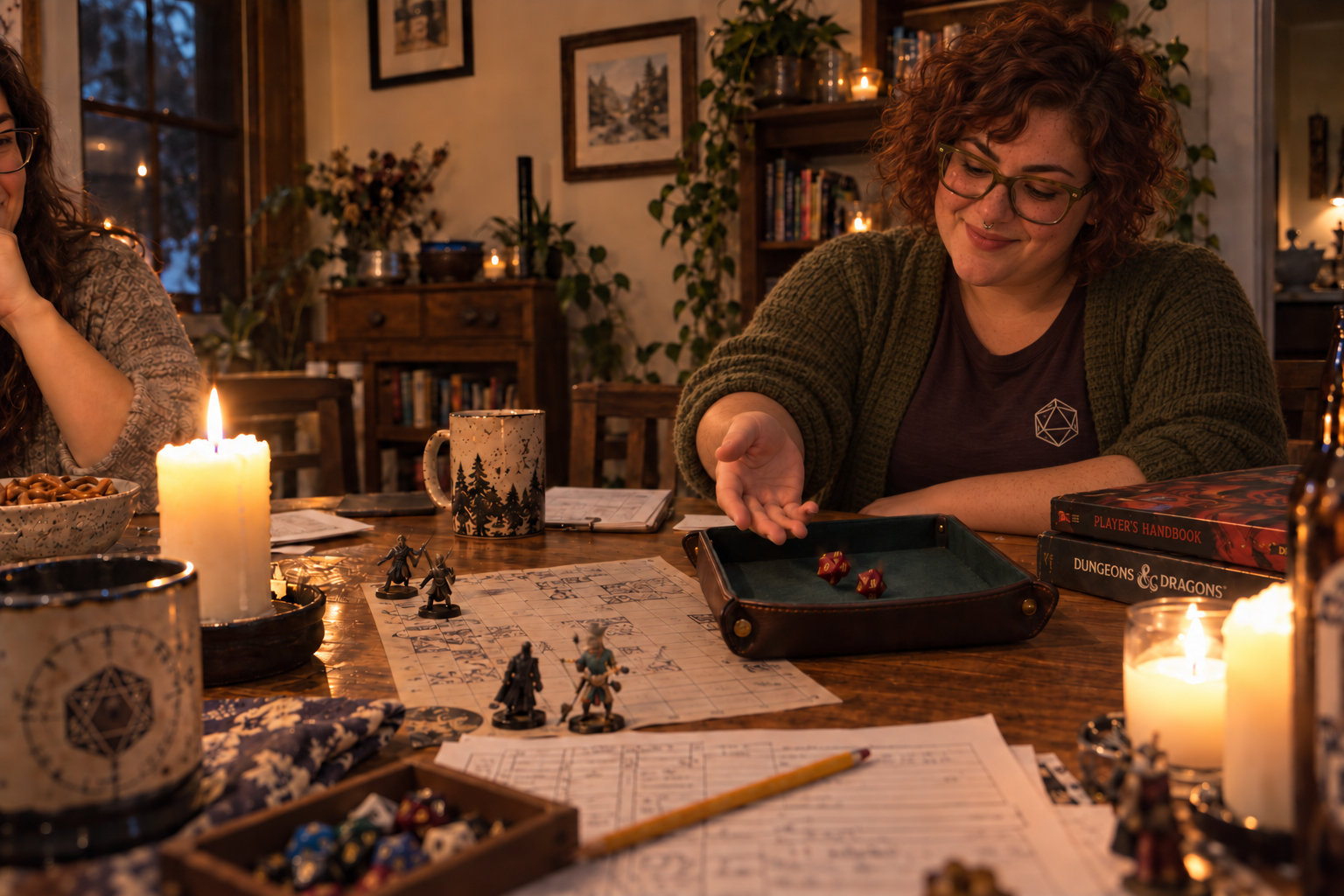 A candlelit Dungeons and Dragons game with dice rolling across the table