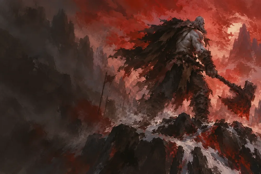 DND Den illustration of an axe-bearing barbarian on a rocky ridge beneath a red sky