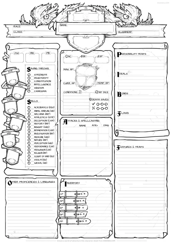 Blank DND Den character sheet with ability scores, skills, attacks, hit points and equipment fields