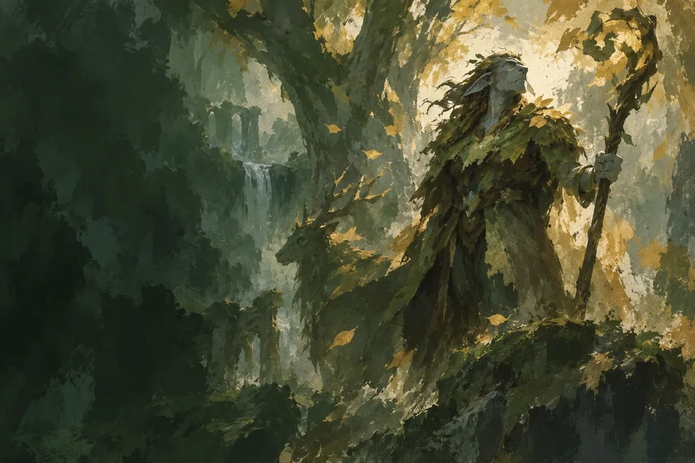 DND Den illustration of a staff-bearing druid surrounded by leaves in a sunlit forest