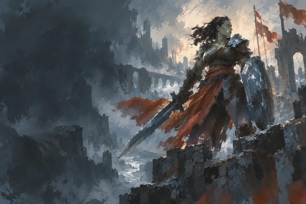 DND Den illustration of an armoured warrior carrying a sword and shield among ruined towers