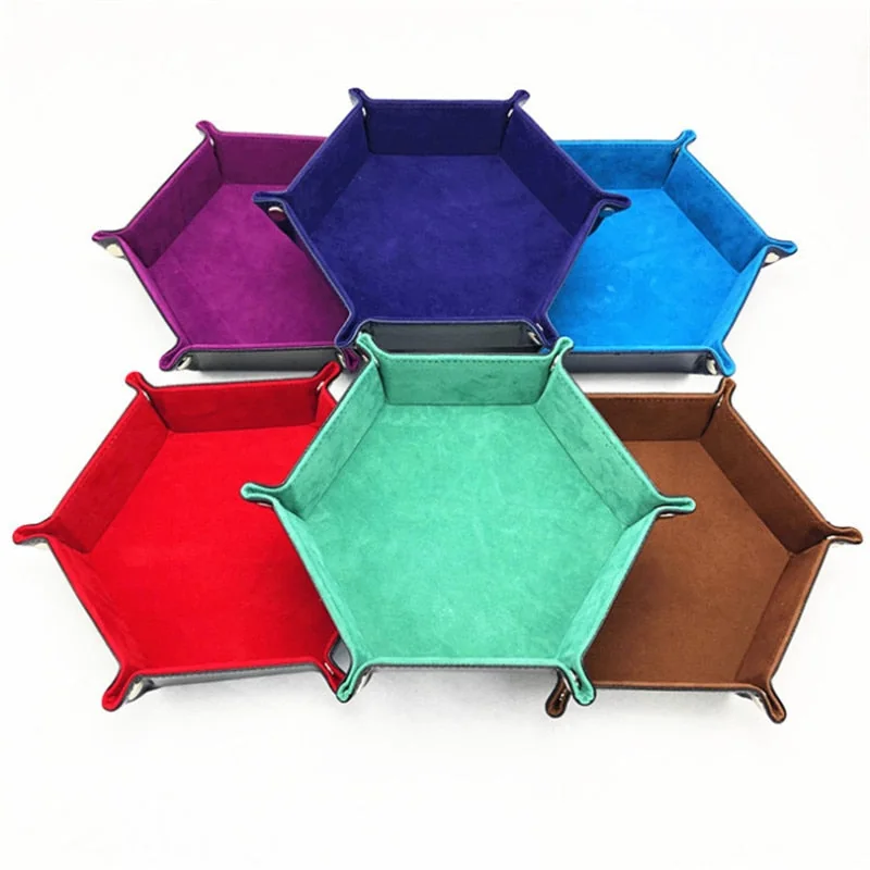 Six folding hexagonal dice trays in different colours
