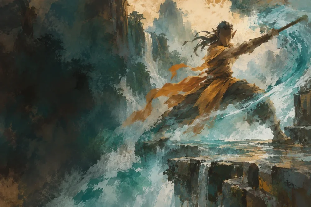 DND Den illustration of a staff-wielding monk in flowing robes amid swirling water