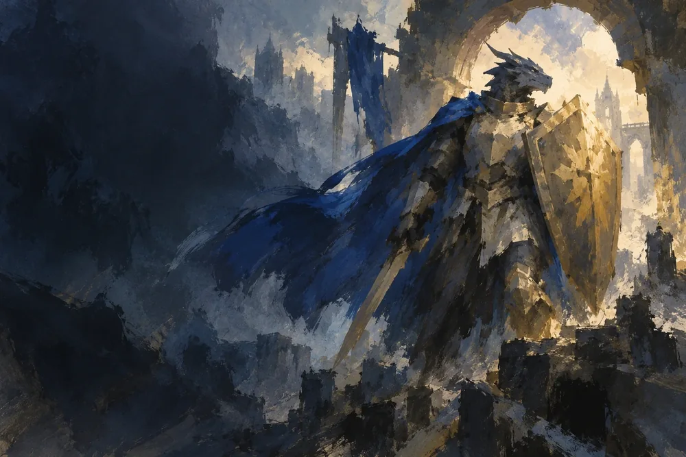 DND Den illustration of a dragonborn knight wearing a blue cloak and carrying a golden shield