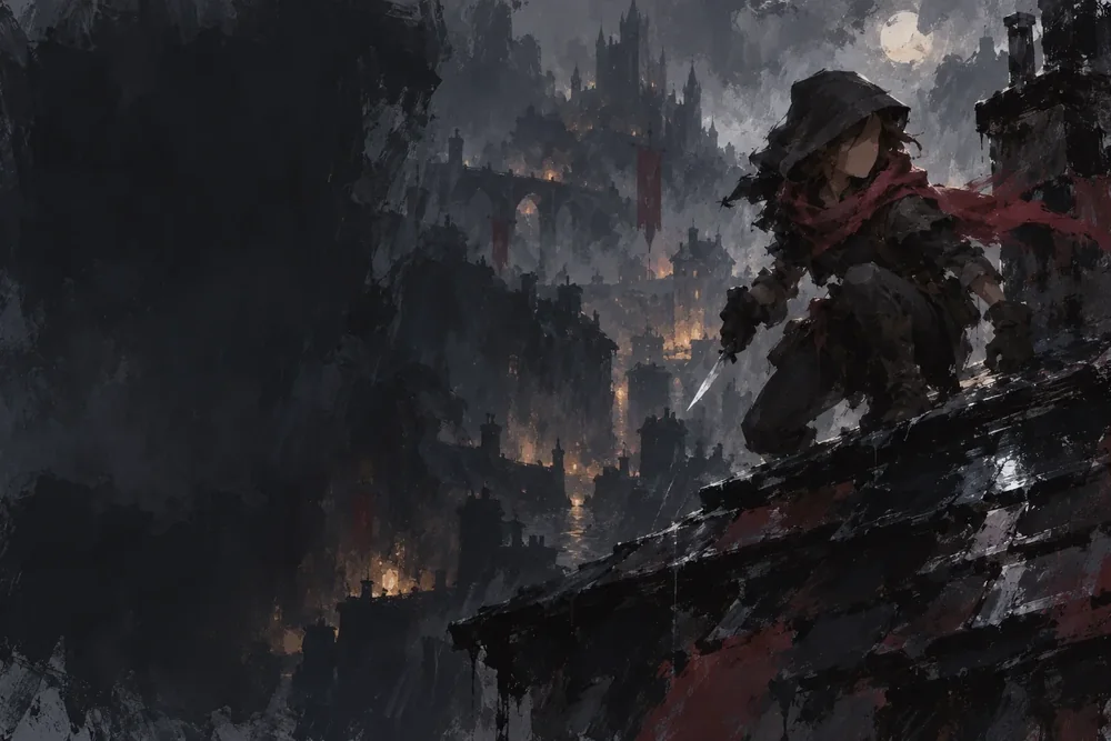 DND Den illustration of a hooded rogue with a dagger above a shadowed city