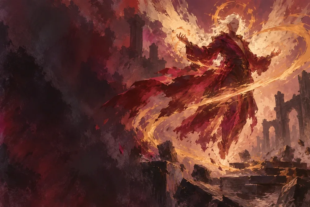 DND Den illustration of a red-robed sorcerer surrounded by sweeping golden fire