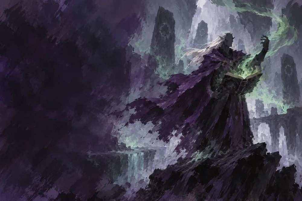 DND Den illustration of a purple-cloaked warlock holding an open tome amid green magic