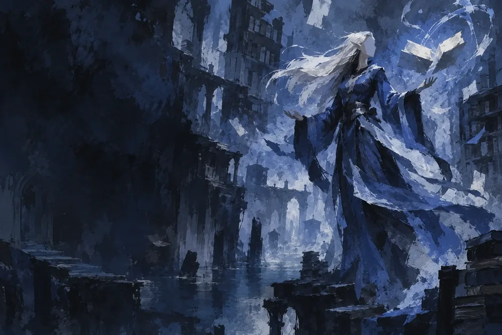 DND Den illustration of a blue-robed wizard with a floating book among tall stone buildings