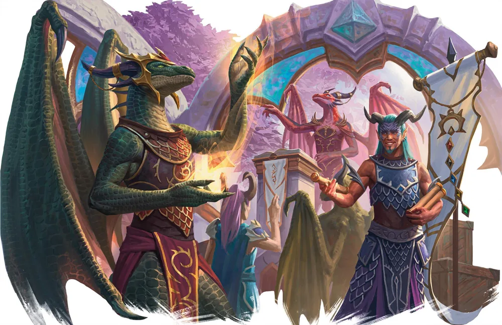 Dracthyr in dragon and humanoid visage forms practise magic beneath a carved arch.