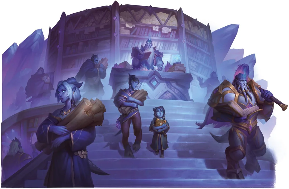 Draenei carrying scrolls descend the steps of a crystal-lit library.