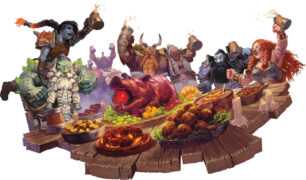 Dwarves and a gem-studded earthen raise their tankards around a laden banquet table.
