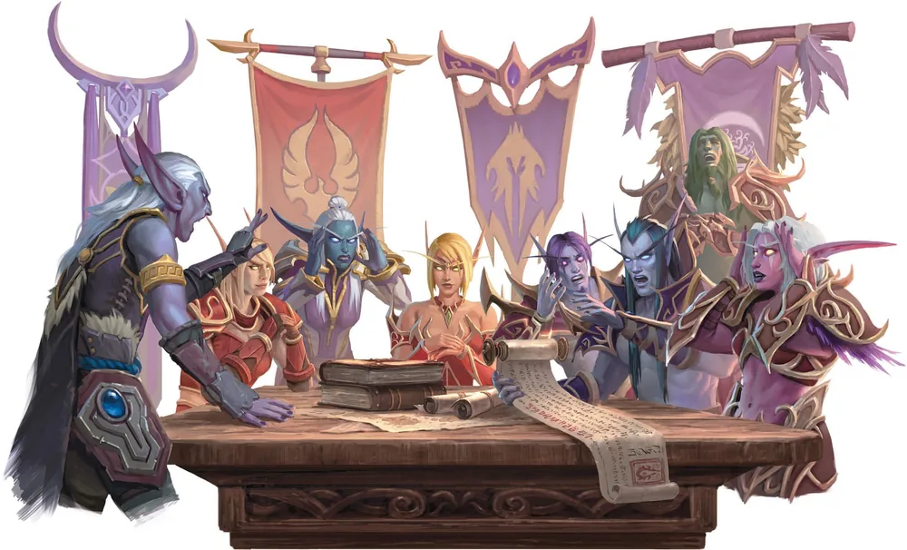 Elves gather around books and a scroll beneath colourful banners.