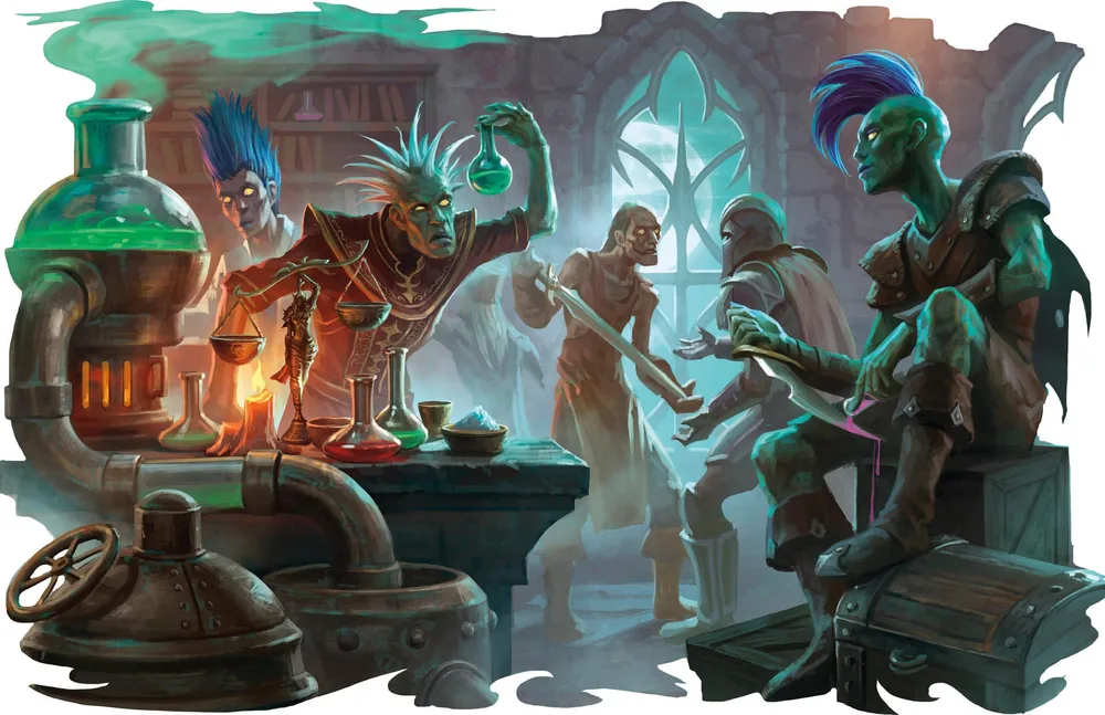 Forsaken examine green potions in a laboratory filled with glass vessels and pipes.