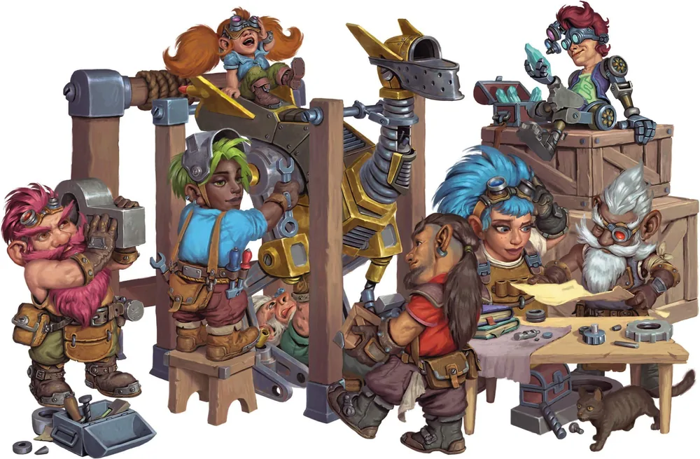 Gnomes and mechanically augmented gnomes assemble a metal mount beside a workbench.