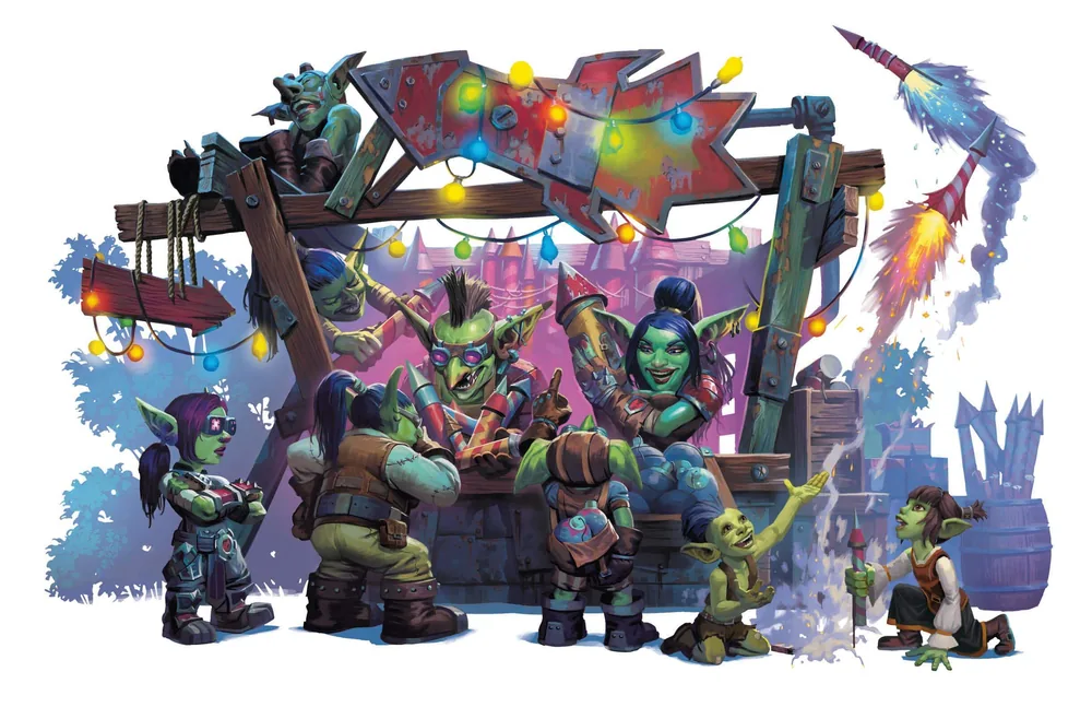 Goblins crowd a colourful stall while fireworks arc overhead.