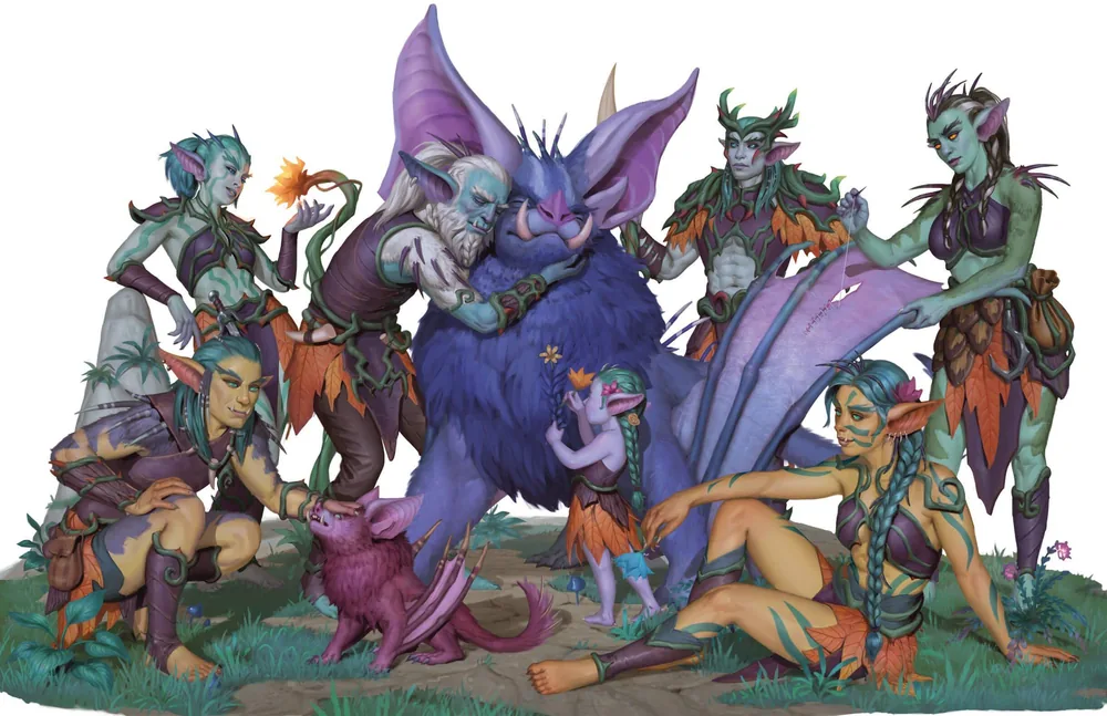 Haranir adults and children gather around large purple bats in a grassy clearing.