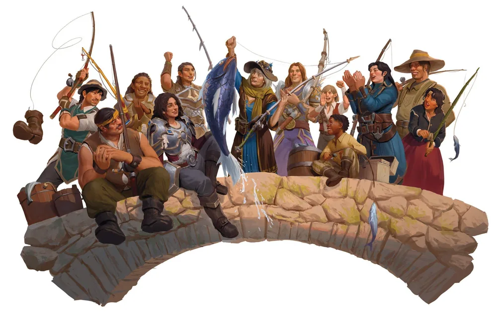 Human fishers celebrate a large catch together on a stone bridge.