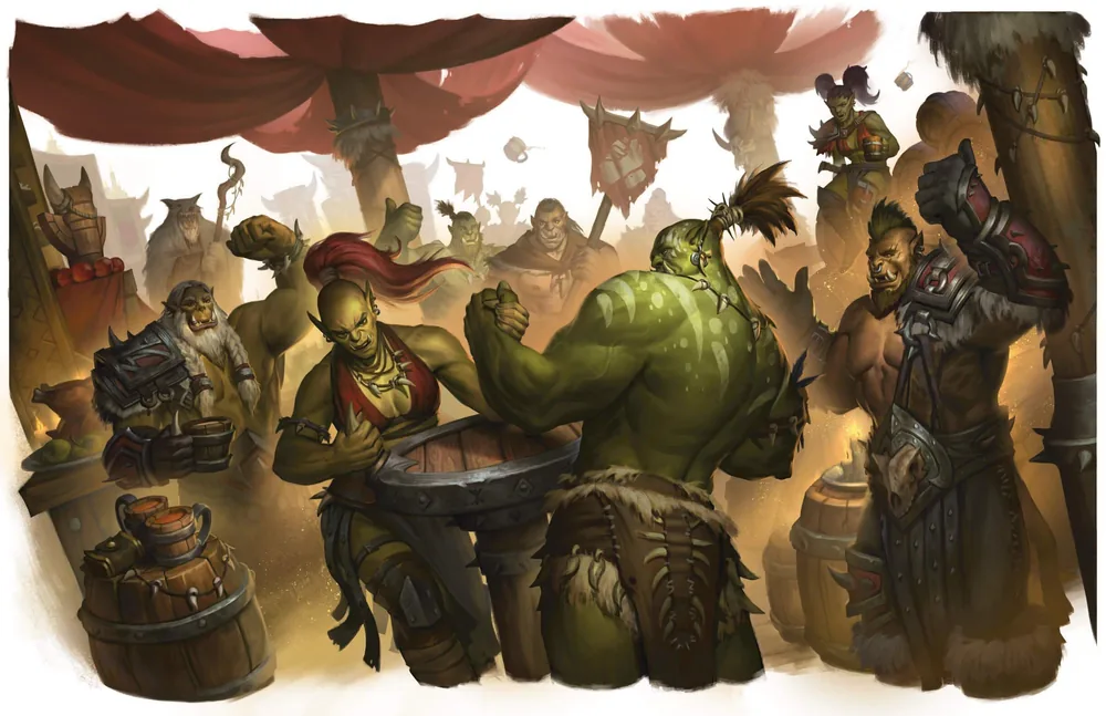 Two orcs arm-wrestle at a wooden table as their companions cheer.