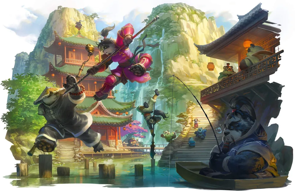 Pandaren practise martial arts above a pond while another fishes beside a temple.