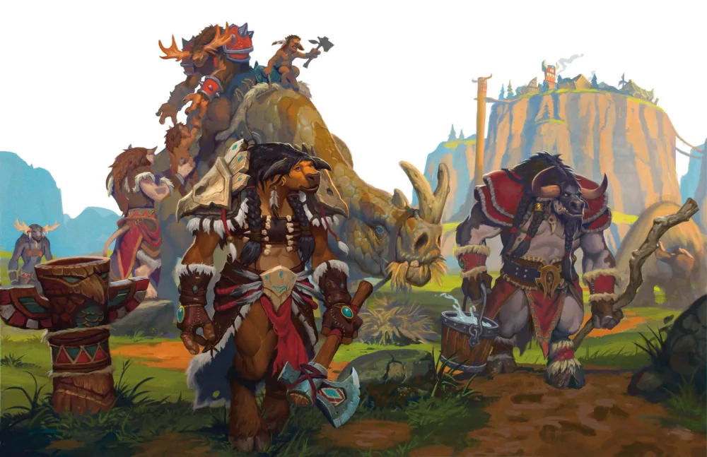 Tauren walk beside a laden kodo beneath towering mesas.