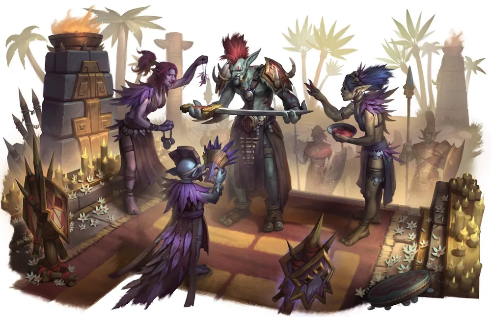 Trolls perform a ceremony around an armoured warrior holding a sword.