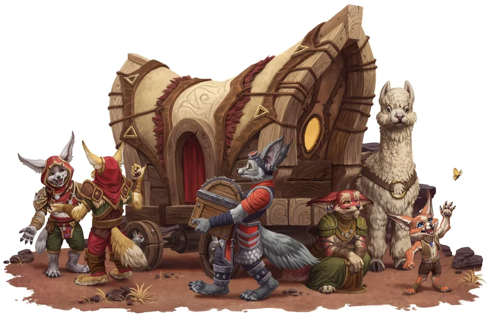 Vulpera gather beside a covered caravan wagon and an alpaca.