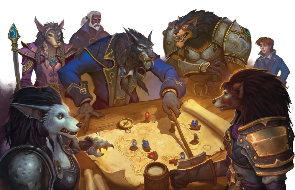 Worgen and human companions study a map covered with coloured markers.