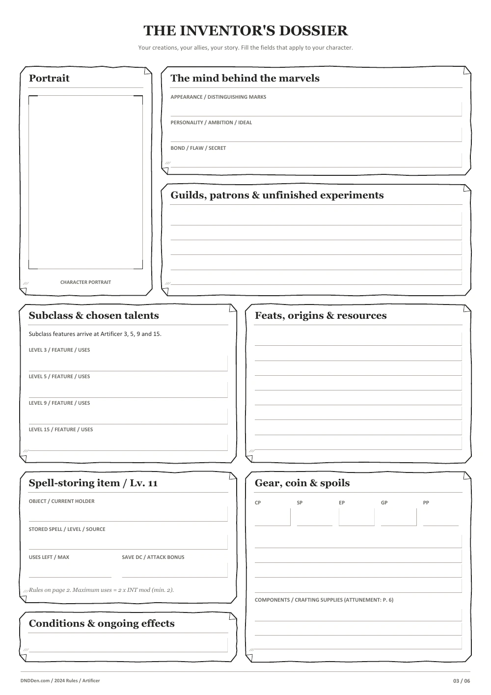 Artificer 2024 character sheet, page 3