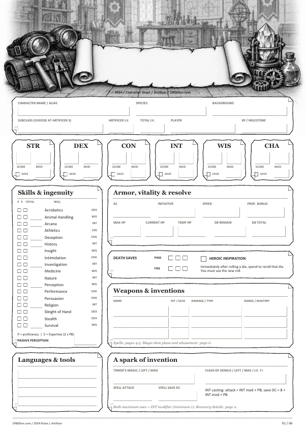 Preview of the Artificer 2024 character sheet, page one