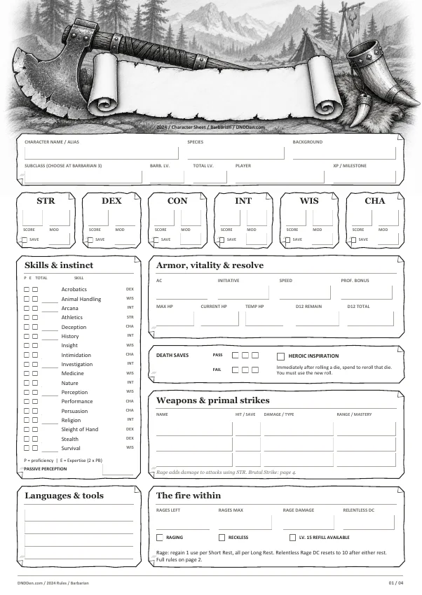 Preview of the Barbarian 2024 character sheet, page one
