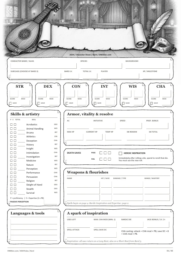 Preview of the Bard 2024 character sheet, page one
