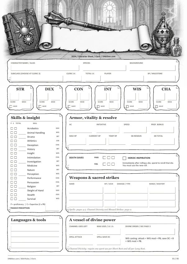 Preview of the Cleric 2024 character sheet, page one