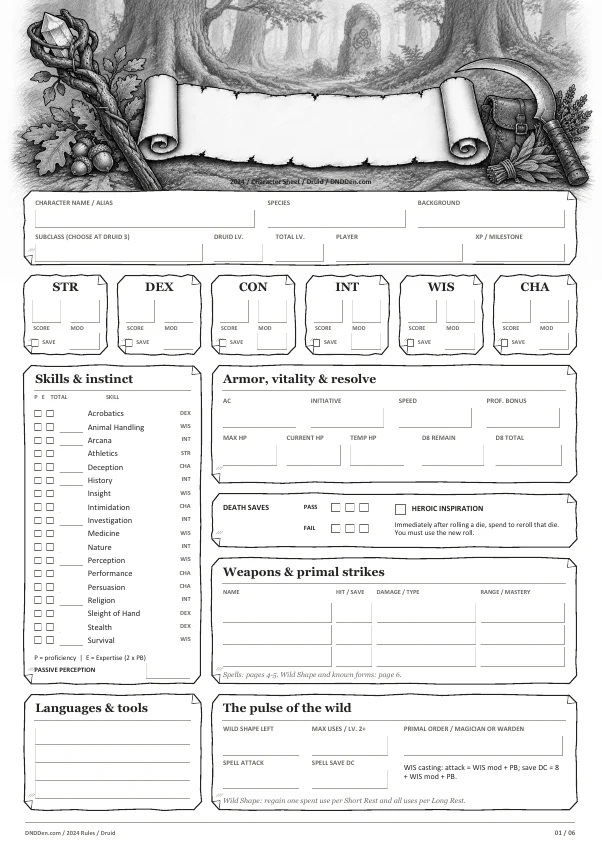 Preview of the Druid 2024 character sheet, page one