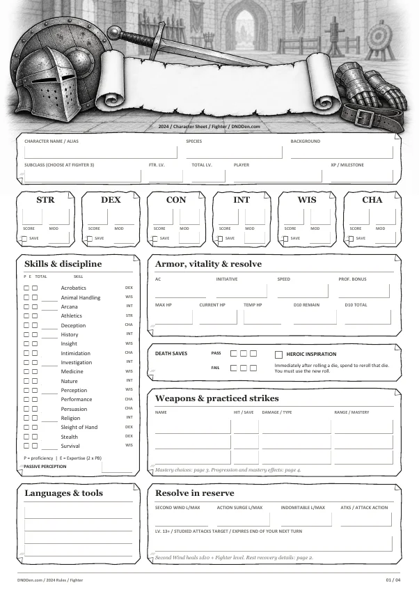 Preview of the Fighter 2024 character sheet, page one