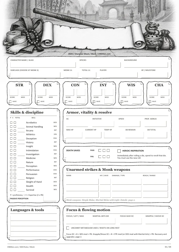 Preview of the Monk 2024 character sheet, page one