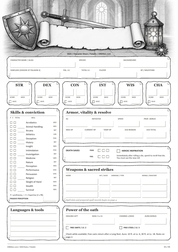 Preview of the Paladin 2024 character sheet, page one