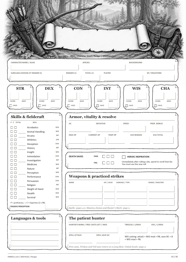 Preview of the Ranger 2024 character sheet, page one