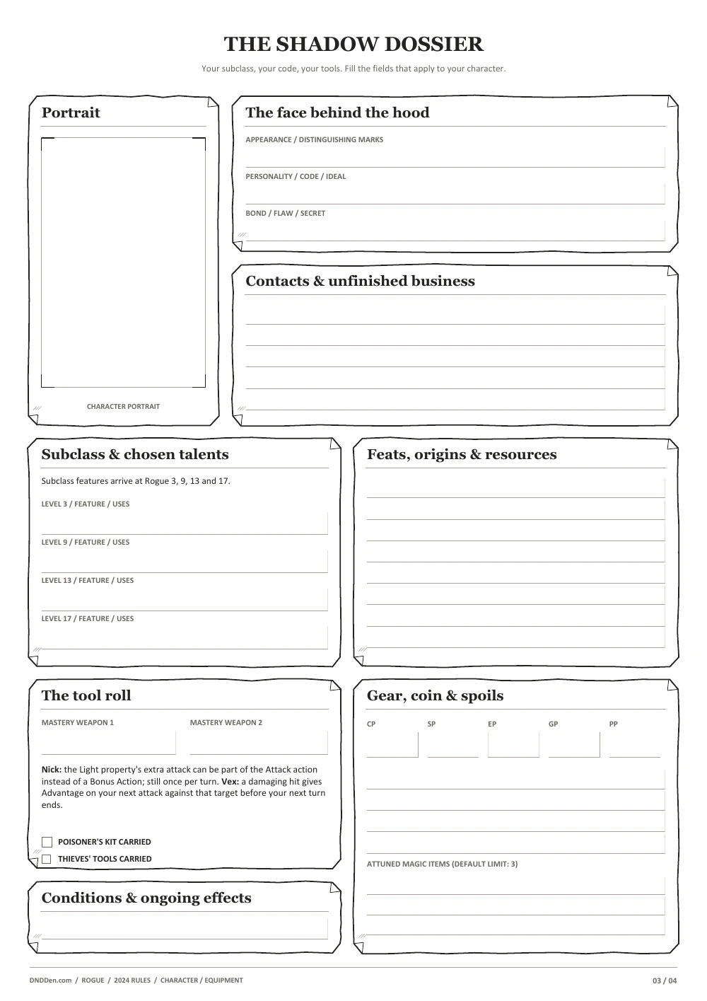 Rogue 2024 character sheet, page 3
