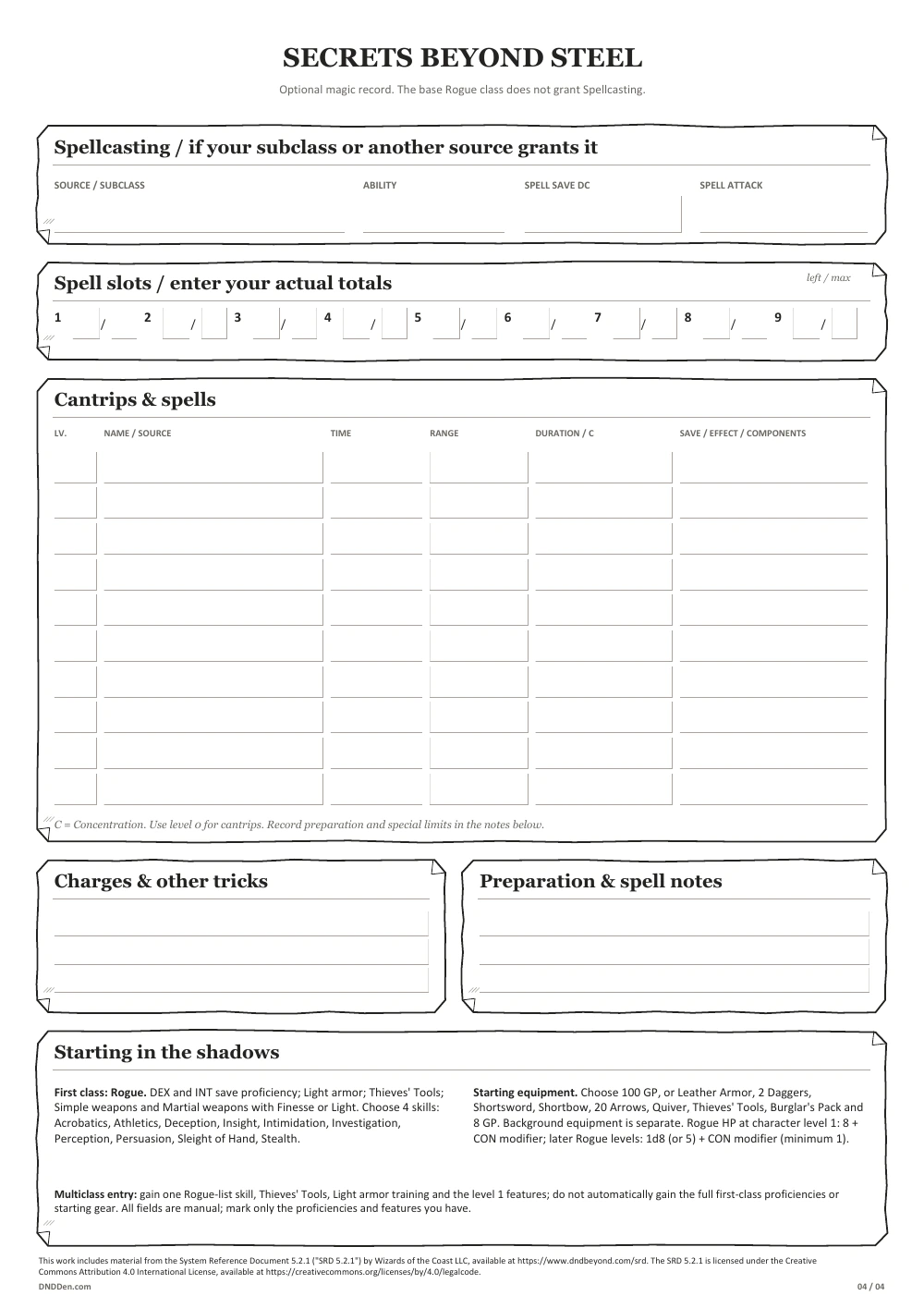 Rogue 2024 character sheet, page 4