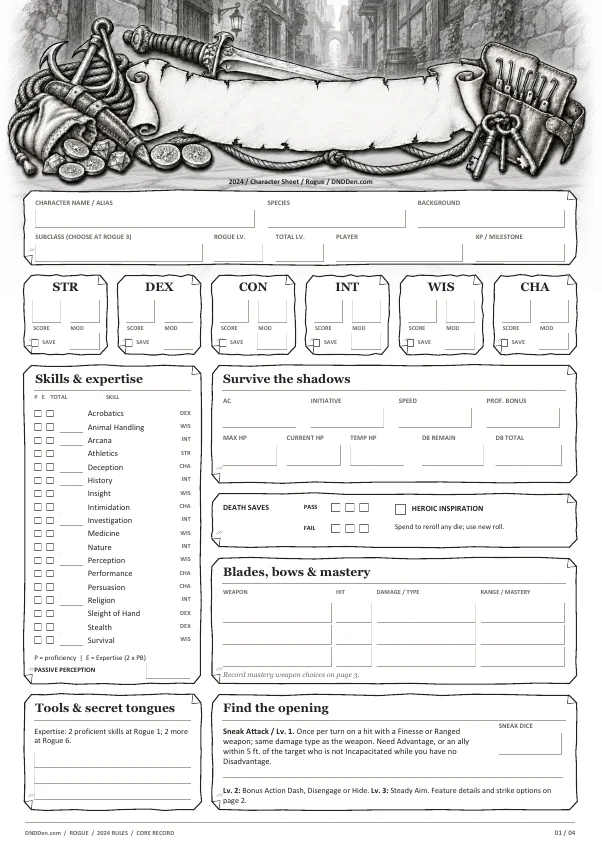 Preview of the Rogue 2024 character sheet, page one