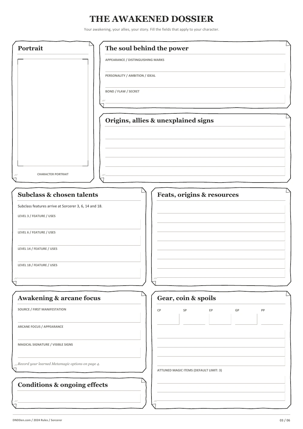 Sorcerer 2024 character sheet, page 3