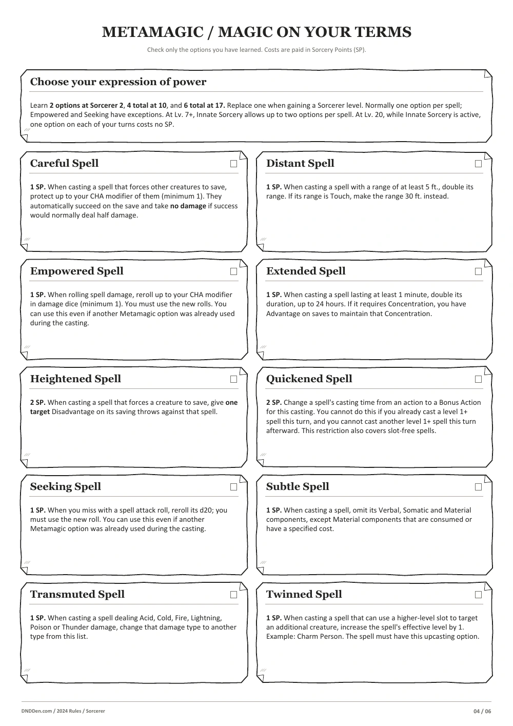 Sorcerer 2024 character sheet, page 4