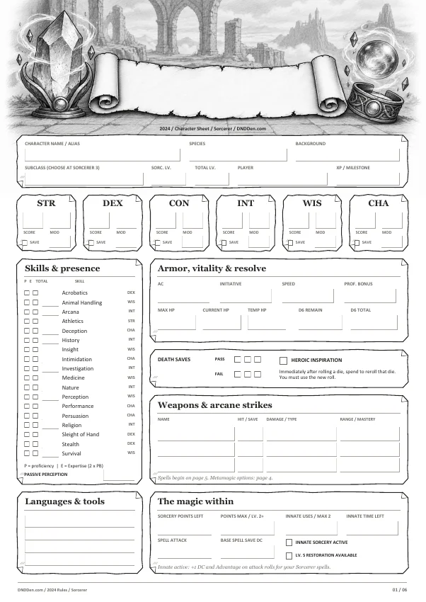 Preview of the Sorcerer 2024 character sheet, page one