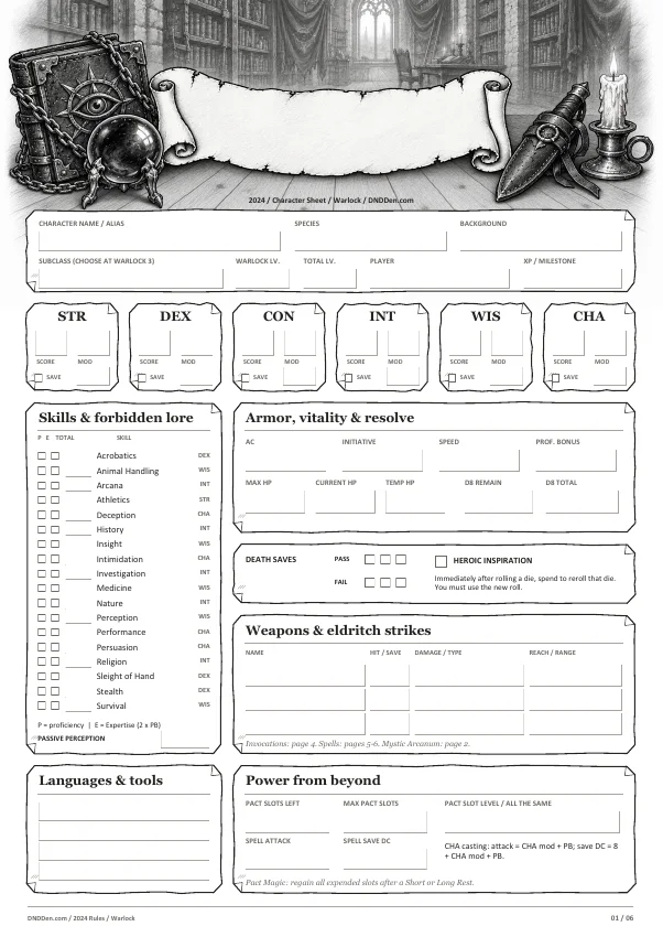 Preview of the Warlock 2024 character sheet, page one
