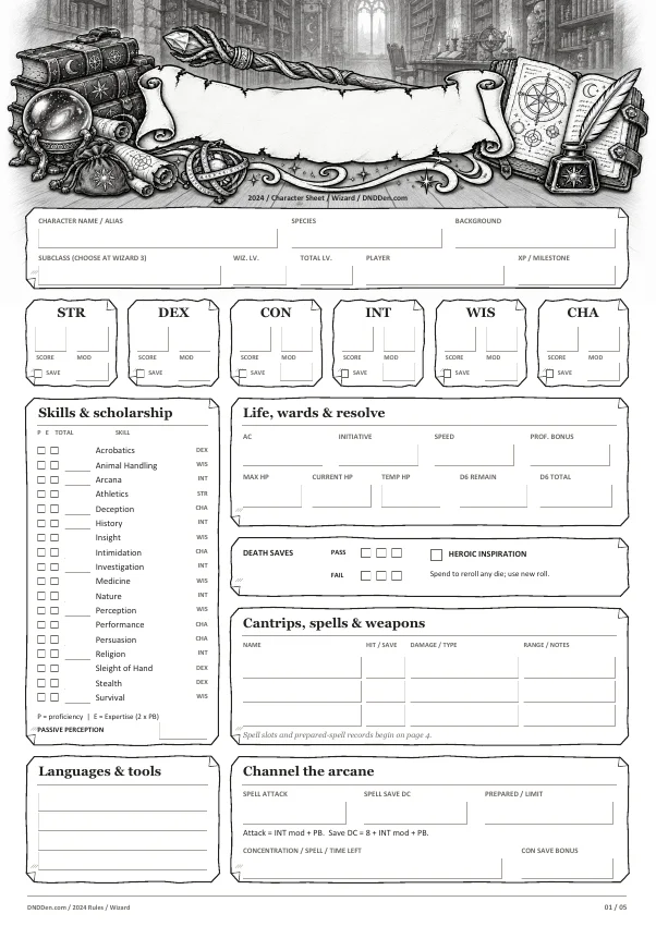 Preview of the Wizard 2024 character sheet, page one