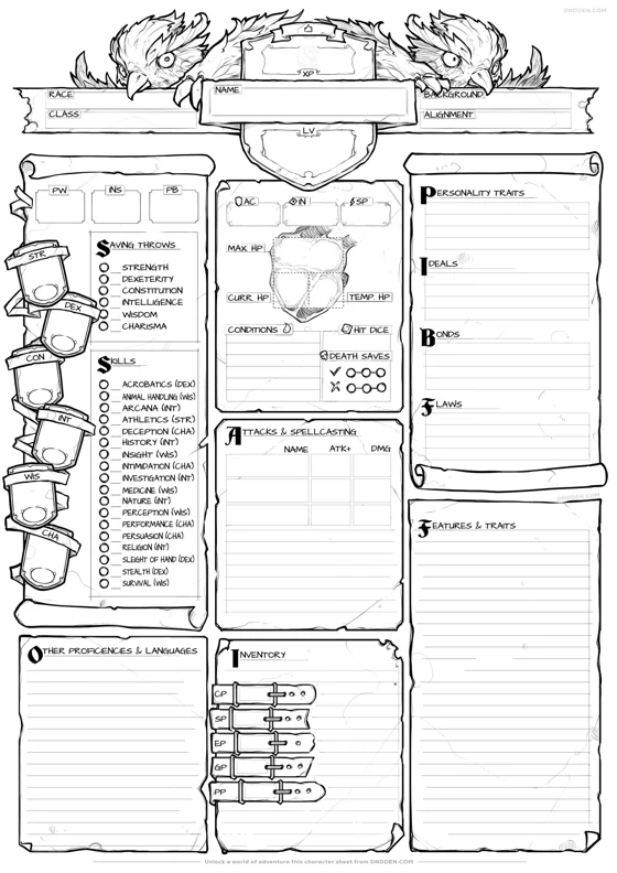 DND Den character sheet page 1: character & combat