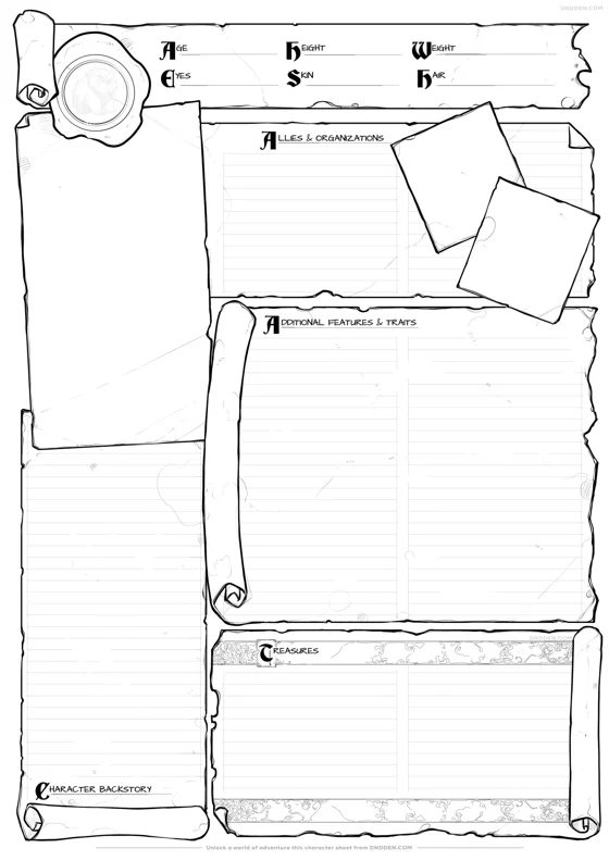 DND Den character sheet page 2: backstory & notes