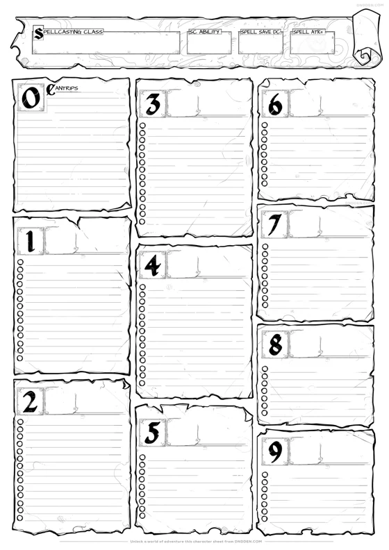 DND Den character sheet page 3: spellcasting