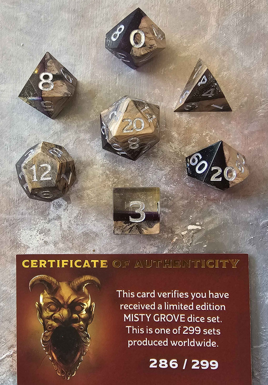 Sirius Dice Misty Grove — Limited Edition #286/299, the actual seven-piece set and numbered certificate